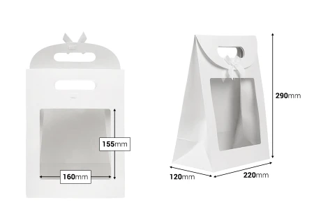 Papirna bela poklon kesa 220x120x290 mm sa zatvaranjem na čičak, prozorom i mašnom - 12 kom-dimenzije_slike