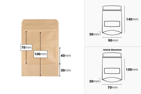 Kraft DoyPack kesice 90x30x140 mm sa zip zatvaranjem i prozorom, unutrašnjom i spoljašnjom providnom oblogom i sa mogućnošću termo zatvaranja - 100 kom-dimenzije_slike