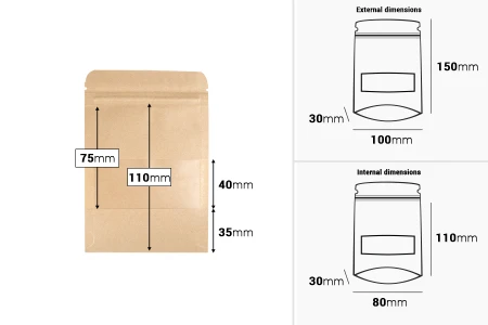 Kraft DoyPack kesice 100x30x150 mm sa zip zatvaranjem i prozorom, unutrašnjom i spoljašnjom providnom oblogom i sa mogućnošću termo zatvaranja-dimenzije_slike