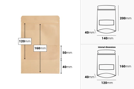 Kraft DoyPack kesice 140x40x200 mm sa zip zatvaranjem i prozorom, unutrašnjom i spoljašnjom providnom oblogom i sa mogućnošću termo zatvaranja - 100 kom-grupa_slika