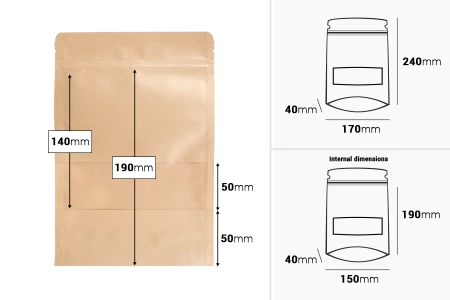Kraft DoyPack kesice 170x40x240 mm sa zip zatvaranjem i prozorom, unutrašnjom i spoljašnjom providnom oblogom i sa mogućnošću termo zatvaranja - 100 kom-dimenzije_slike