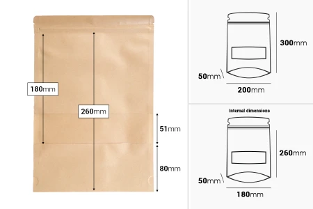 Kraft DoyPack kesice 200x50x300 mm sa zip zatvaranjem i prozorom, unutrašnjom i spoljašnjom providnom oblogom i sa mogućnošću termo zatvaranja - 100 kom-dimenzije_slike