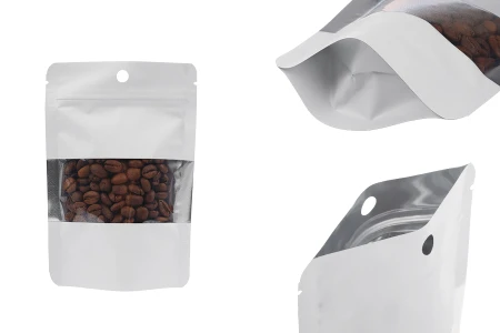 Aluminijumske DoyPack kesice 100x30x145 mm u beloj boji sa zip zatvaranjem, rupicom, prozorom i mogućnošću termo zatvaranja – 100 kom-slika_proizvoda