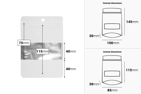 Aluminijumske DoyPack kesice 100x30x145 mm u beloj boji sa zip zatvaranjem, rupicom, prozorom i mogućnošću termo zatvaranja – 100 kom-dimenzije_slike