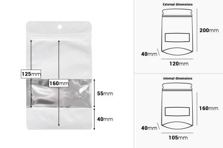 Bele aluminijumske kesice tipa „Doypack”, 120x40x200 mm, sa ZIP zatvranjem, prozorčićem i mogućnošću termolepljenja – 100 komada-dimenzije_slike