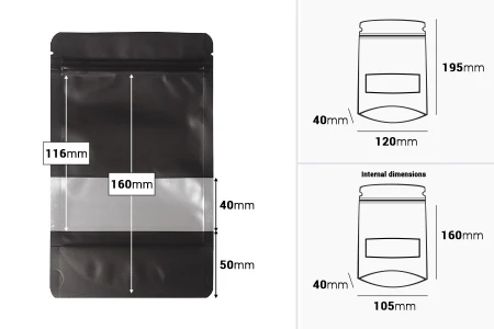 Aluminijumske DoyPack 120x40x195 mm kesice sa zip zatvaranjem, prozorom i mogućnošću termo zatvaranja   – 100 kom-dimenzije_slike