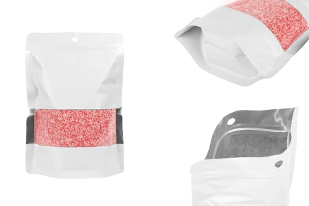 Bele aluminijumske kesice tipa „Doypack”, 150x40x220 mm, sa ZIP zatvranjem, prozorčićem i mogućnošću termolepljenja – 100 komada-slika_proizvoda