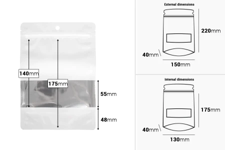 Bele aluminijumske kesice tipa „Doypack”, 150x40x220 mm, sa ZIP zatvranjem, prozorčićem i mogućnošću termolepljenja – 100 komada-dimenzije_slike