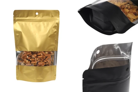 Aluminijumske DoyPack kesice 160x40x240 mm sa zip zatvaranjem, rupicom, prozorom i mogućnošću termo zatvaranja – 100 kom-slika_proizvoda