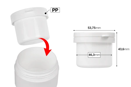 Zamenska unutrašnja bela teglica 50mL sa belim zatvaračem za šifru 19-3292-dimenzije_slike