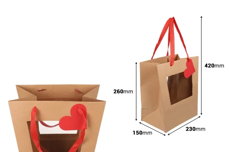 Papirna kesa 230x150x260mm za bukete i cvetne aranžmane, sa prozorčićem, crvenom trakom i etiketom – 10 komada-dimenzije_slike