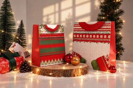 Božićna papirna poklon-kesa (180x85x240 mm) sa ručkom od kanapa i detaljima od pliša – 12 komada (različiti dezeni)-grupa_slika