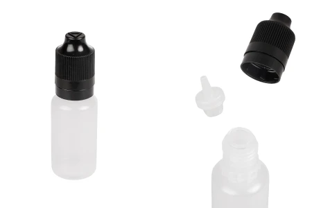 Plastična poluprovidna flašica 15mL sa crnim plastičnim zatvaračem CRC i plastičnom kapalicom, za elektronske cigarete - 50 kom-slika_proizvoda