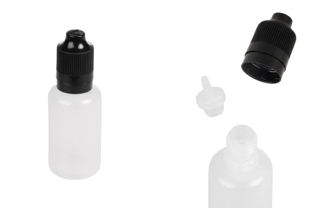 Plastična poluprovidna flašica 30mL sa crnim plastičnim zatvaračem CRC i plastičnom kapalicom, za elektronske cigarete - 50 kom-slika_proizvoda