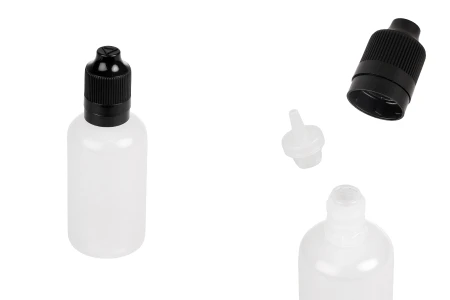 Plastična poluprovidna flašica 50mL sa crnim plastičnim zatvaračem CRC i plastičnom kapalicom, za elektronske cigarete - 50 kom-slika_proizvoda