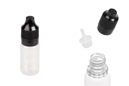 Plastična providna flašica 10mL sa crnim plastičnim zatvaračem CRC i plastičnom kapalicom, za elektronske cigarete - 50 kom-slika_proizvoda