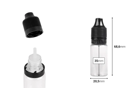 Plastična providna flašica 10mL sa crnim plastičnim zatvaračem CRC i plastičnom kapalicom, za elektronske cigarete - 50 kom-dimenzije_slike