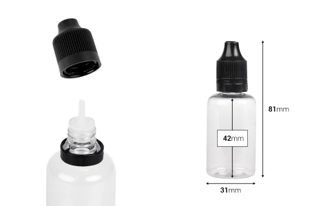 Plastična providna flašica 30mL sa crnim plastičnim zatvaračem CRC i plastičnom kapalicom, za elektronske cigarete - 50 kom-dimenzije_slike
