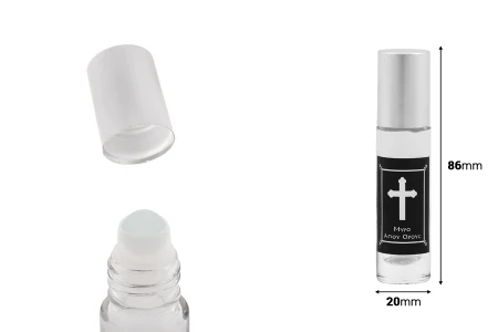Staklena roll-on bočica 10mL sa staklenom kuglicom, krstom na crnoj nalepnici i aluminijumskim zatvaračem - 12 kom-dimenzije_slike