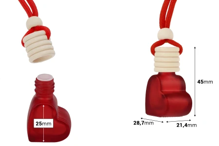 Staklena crvena mat bočica od 4 mL u obliku srca za osveživač automobila sa drvenim zatvaračem i čepom - 25 kom-dimenzije_slike