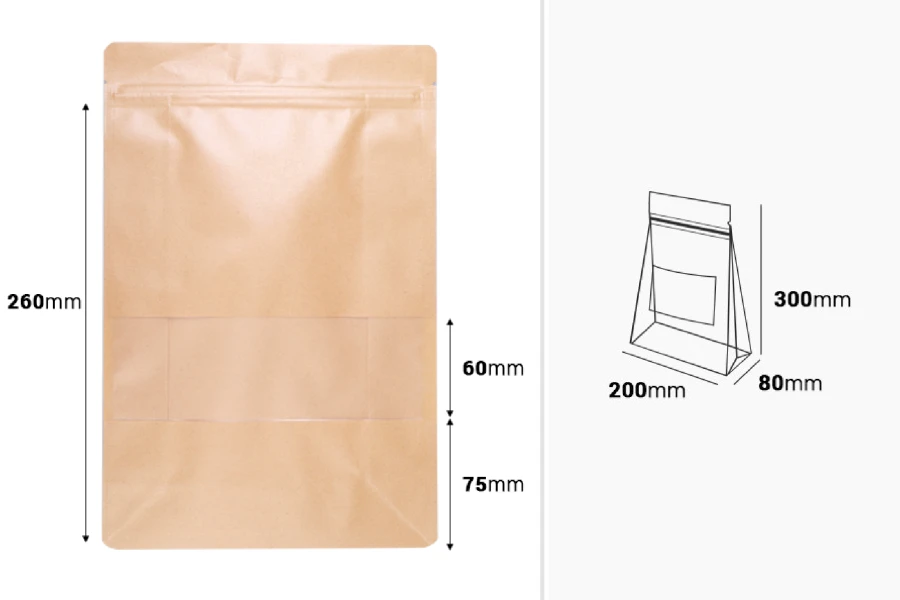 Kraft DoyPack kesice 200x80x300 mm sa zip zatvaranjem, prozorom, unutrašnjom i spoljašnjom providnom oblogom i mogućnošću termo zatvaranja - 50 kom Kraft DoyPack kesice 200x80x300 mm sa zip zatvaranjem, prozorom, unutrašnjom i spoljašnjom providnom oblogom i mogućnošću termo zatvaranja - 50 kom
