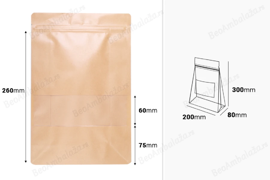 Kraft DoyPack kesice 200x80x300 mm sa zip zatvaranjem, prozorom, unutrašnjom i spoljašnjom providnom oblogom i mogućnošću termo zatvaranja  - 50 kom-dimenzije_slike