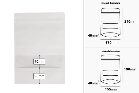 Kraft DoyPack kesice u beloj boji sa zip zatvaranjem, prozorom, ovalnim dnom i sa mogućnošću termo zatvaranja 170x40x240mm - 50kom-2