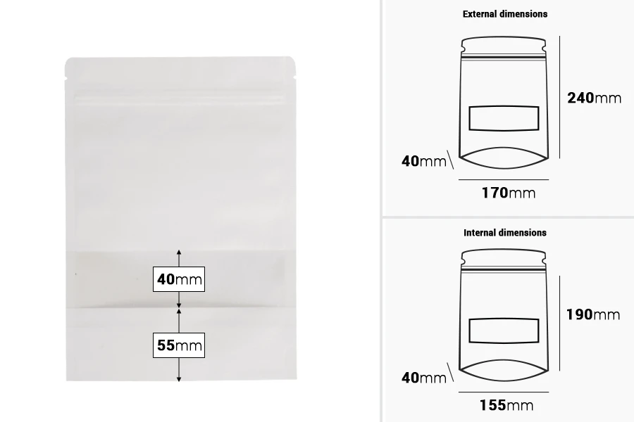 Kraft DoyPack  170x40x240mm kesice u beloj boji sa zip zatvaranjem, prozorom, ovalnim dnom i sa mogućnošću termo zatvaranja - 50kom