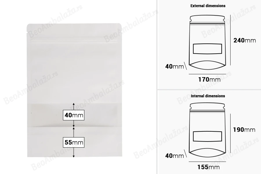 Kraft DoyPack kese 170x40x240 mm u beloj boji, sa zip zatvaranjem, prozorom i mogućnošću termo zatvaranja - 100 kom-dimenzije_slike