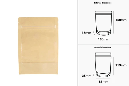 Kraft (14c) DoyPack kesice 100x35x150mm sa providnom prednjom stranom (8c), zip zatvaranjem i mogućnošću termo zatvaranja – 100 kom-2