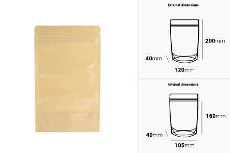 Kraft (14c) DoyPack kesice 120x40x200mm sa providnom prednjom stranom (8c), zip zatvaranjem i mogućnošću termo zatvaranja – 100 kom-2