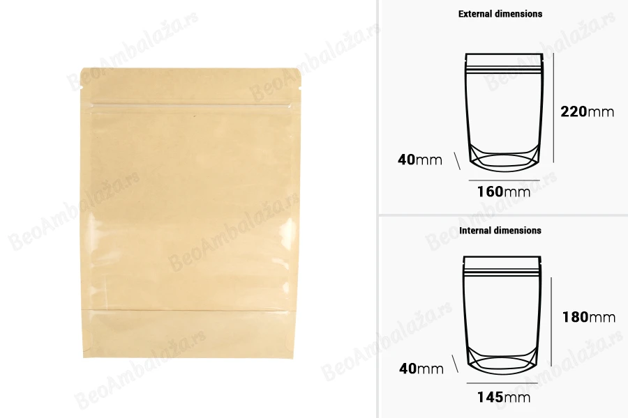 Kraft (14c) DoyPack kesice 160x40x220mm sa providnom prednjom stranom (8c), zip zatvaranjem i mogućnošću termo zatvaranja – 100 kom-dimenzije_slike