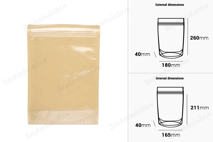 Kraft (14c) DoyPack kesice 180x40x260mm sa providnom prednjom stranom (8c), zip zatvaranjem i mogućnošću termo zatvaranja – 100 kom-dimenzije_slike