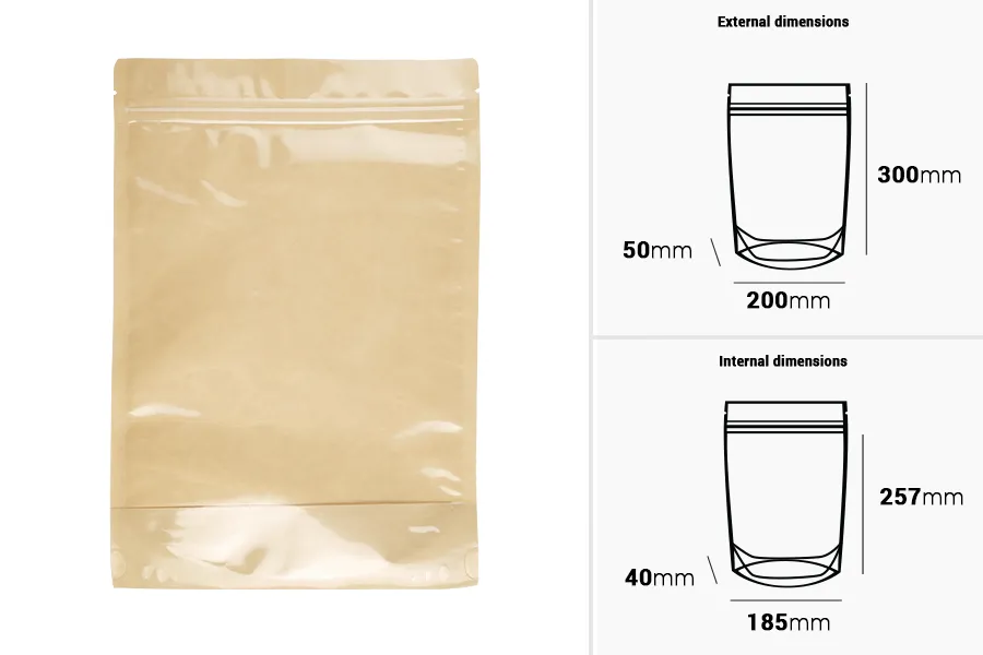 Kraft (14c) DoyPack kesice 200x50x300mm sa providnom prednjom stranom (8c), zip zatvaranjem i mogućnošću termo zatvaranja – 100 kom