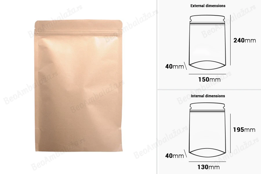 Kraft DoyPack kesice sa zip zatvaranjem, unutrašnjom aluminijumskom oblogom, ovalnim dnom i sa mogućnošću termo zatvaranja 150x40x240 mm – 50 kom-dimenzije_slike