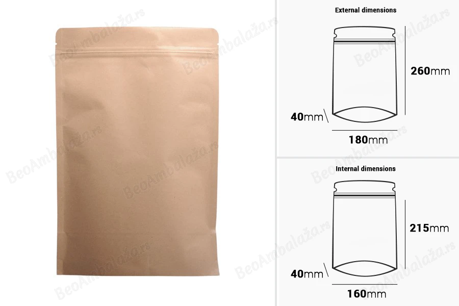 Kraft DoyPack kesice 180x40x260 mm sa zip zatvaranjem, unutrašnjom aluminijumskom oblogom, ovalnim dnom i sa mogućnošću termo zatvaranja – 50 kom-dimenzije_slike