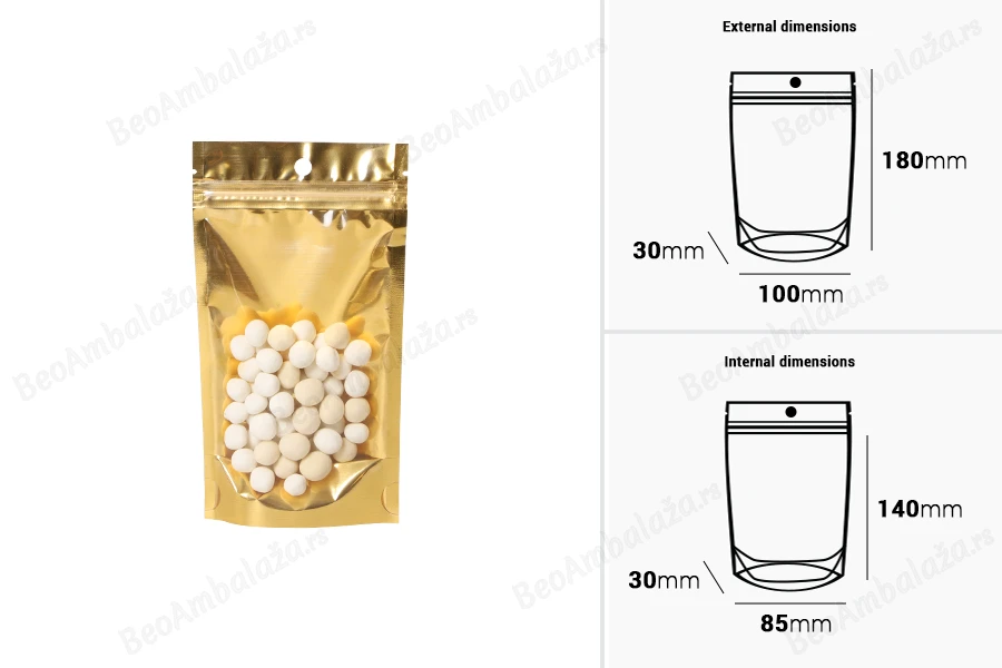 Aluminijumske DoyPack kesice 100x30x180mm sa zip zatvaranjem, zlatnom zadnjom i transparentnom prednjom stranom, ovalnim dnom i sa mogućnošću termo lepljenja – 100kom-dimenzije_slike