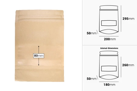 Kraft DoyPack kesice 200x50x295 mm sa zip zatvaranjem i prozorom, unutrašnjom i spoljašnjom providnom oblogom i sa mogućnošću termo zatvaranja - 100 kom-2