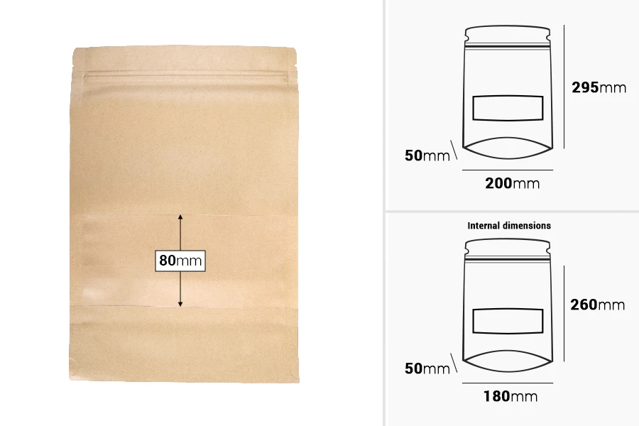 Kraft DoyPack kesice 200x50x295 mm sa zip zatvaranjem i prozorom, unutrašnjom i spoljašnjom providnom oblogom i sa mogućnošću termo zatvaranja - 100 kom Kraft DoyPack kesice 200x50x295 mm sa zip zatvaranjem i prozorom, unutrašnjom i spoljašnjom providnom oblogom i sa mogućnošću termo zatvaranja - 100 kom
