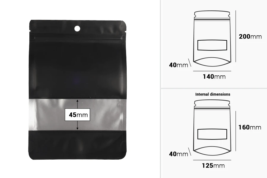 Aluminijumske DoyPack kesice sa zip zatvaranjem, prozorom i mogućnošću termo zatvaranja 140x40x200 mm – 100 kom