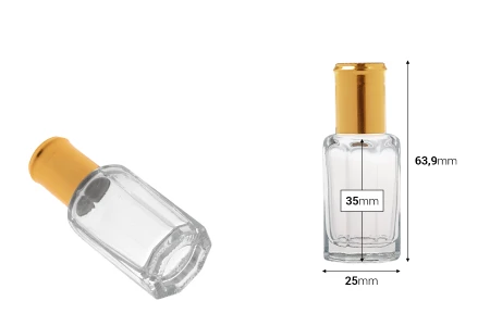Roll-on staklena šestougaona bočica od 10 mL sa metalnom kuglicom i zlatnim zatvaračem-dimenzije_slike