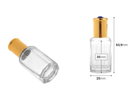 Roll-on staklena šestougaona bočica od 10 mL sa metalnom kuglicom i zlatnim zatvaračem sa dekorativnim kamenčićem-dimenzije_slike