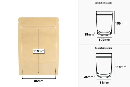 Kraft (14c) DoyPack kesice 100x35x150mm sa providnom prednjom stranom (8c), zip zatvaranjem i mogućnošću termo zatvaranja – 100 kom-dimenzije_slike
