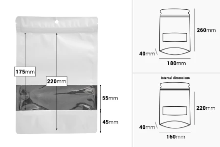 Aluminijumske DoyPack kesice sa zip zatvaranjem, prozorom, ovalnim dnom i sa mogućnošću termo lepljenja 180x40x260mm - 100kom-dimenzije_slike