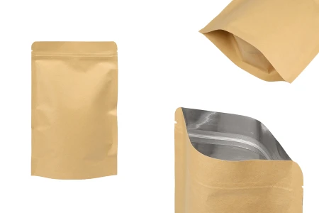 Kraft DoyPack kesice sa zip zatvaranjem, unutrašnjom aluminijumskom oblogom, ovalnim dnom i sa mogućnošću termo zatvaranja 150x40x240 mm – 50 kom-slika_proizvoda