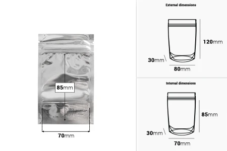 Aluminijumske DoyPack kesice sa zipom, transparentnom prednjom stranom, ovalnim dnom i sa mogućnošću termo zatvaranja 80x30x120mm - 100kom-dimenzije_slike