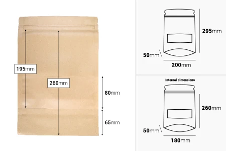 Kraft DoyPack kesice 200x50x295 mm sa zip zatvaranjem i prozorom, unutrašnjom i spoljašnjom providnom oblogom i sa mogućnošću termo zatvaranja - 100 kom-dimenzije_slike