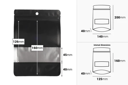 Aluminijumske DoyPack kesice sa zip zatvaranjem, prozorom i mogućnošću termo zatvaranja 140x40x200 mm – 100 kom-dimenzije_slike