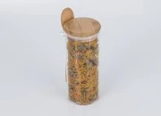 Staklena cilindrična tegla 400mL, sa drvenom kašikom i poklopcem sa gumicom, 65x150mm