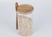 Staklena cilindrična tegla 700mL, sa drvenom kašikom i poklopcem sa gumicom, 85x150mm